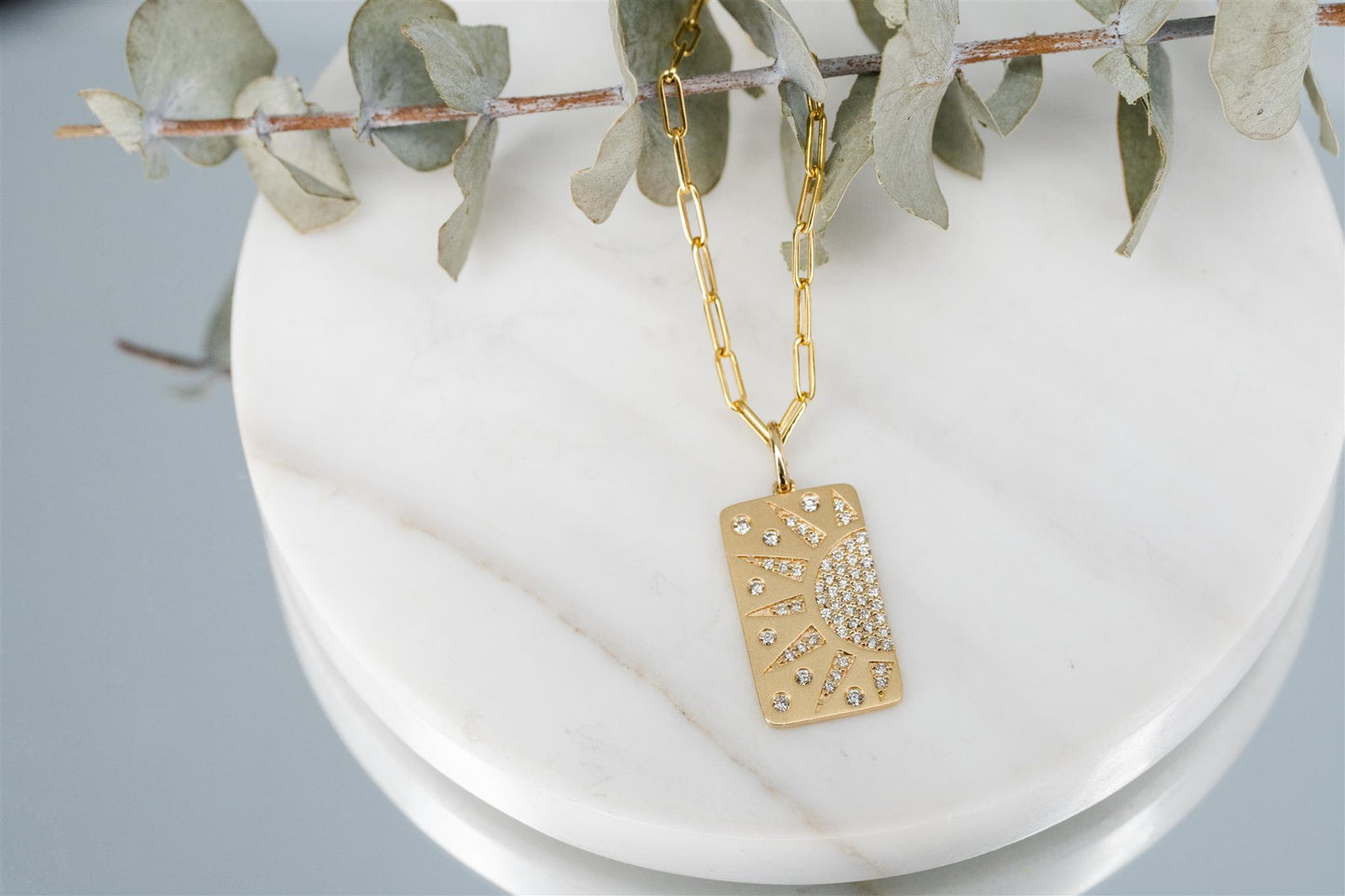 Diamond Sunburst Dog Tag Pendant Necklace