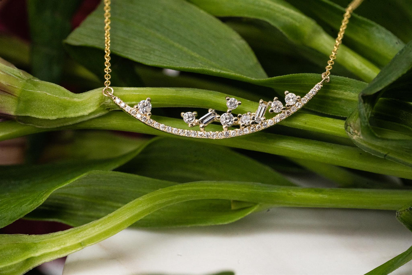 14K Yellow Gold Curved Bar Diamond Cluster 17" Necklace