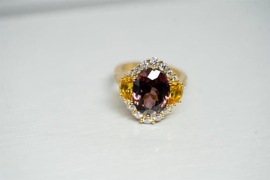 18K Yellow Gold Zircon Diamond and Sapphire Ring