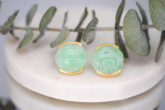 Yellow Gold Hand Carved Jade Cabachon Earrings