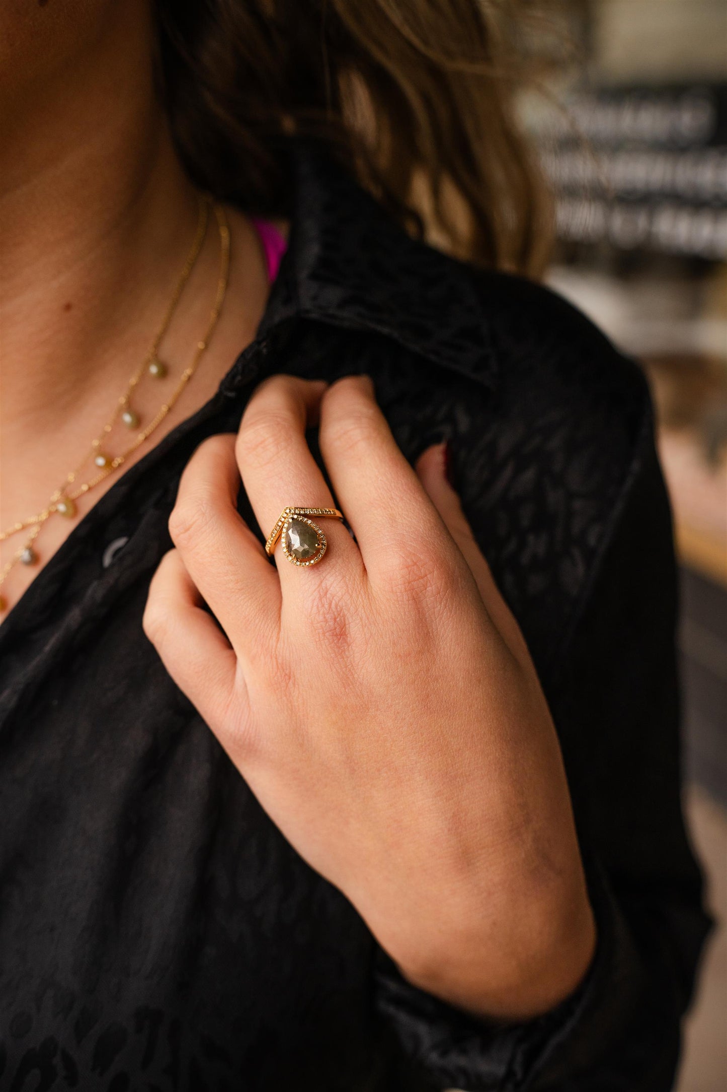 18K Yellow Gold Salt and Pepper Diamond Ring