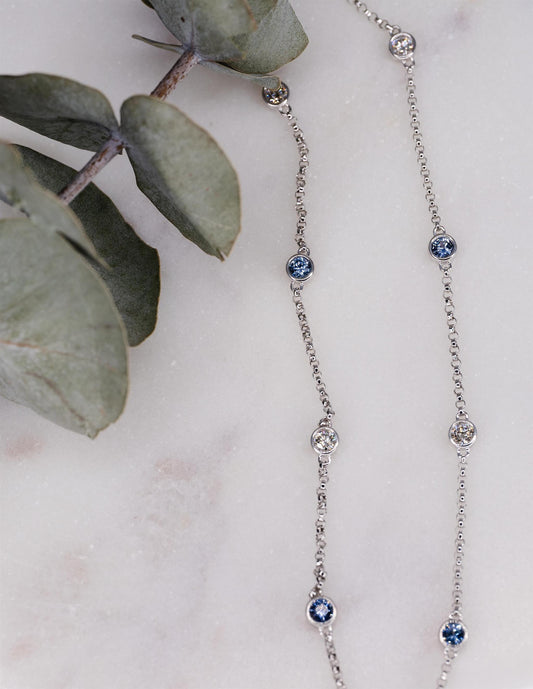 14K White Gold Bezel Set Diamond and Yogo MT Blue Sapphire Necklace
