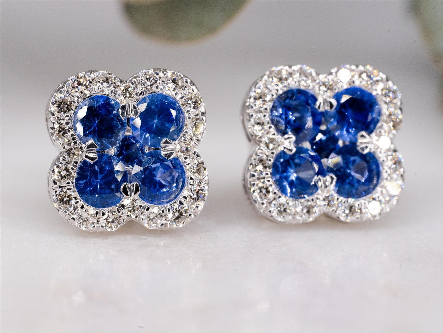 14K White Gold Diamond and Blue Sapphire Clover Stud Earrings