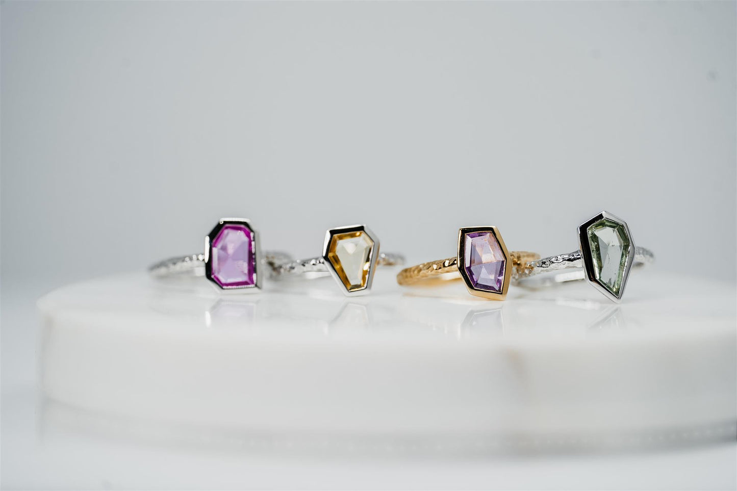 14K White Gold 1.01ct Geometric Rose Cut Natural Teal Window Cut Sapphire Ring w/ Hammered Texture