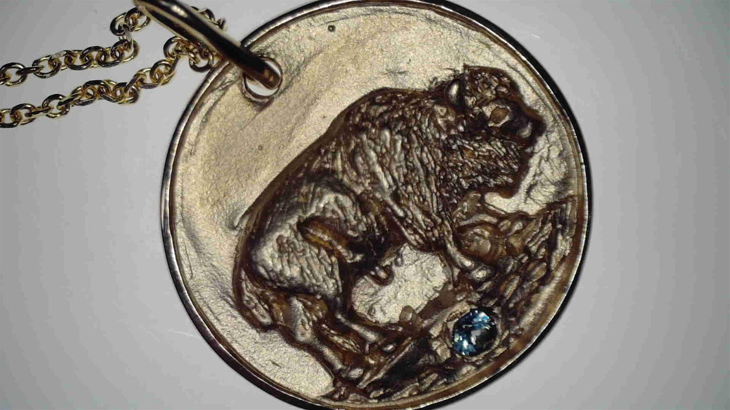 14k Yellow Gold 0.20 Montana Sapphire Accented Buffalo Engraved Pendant