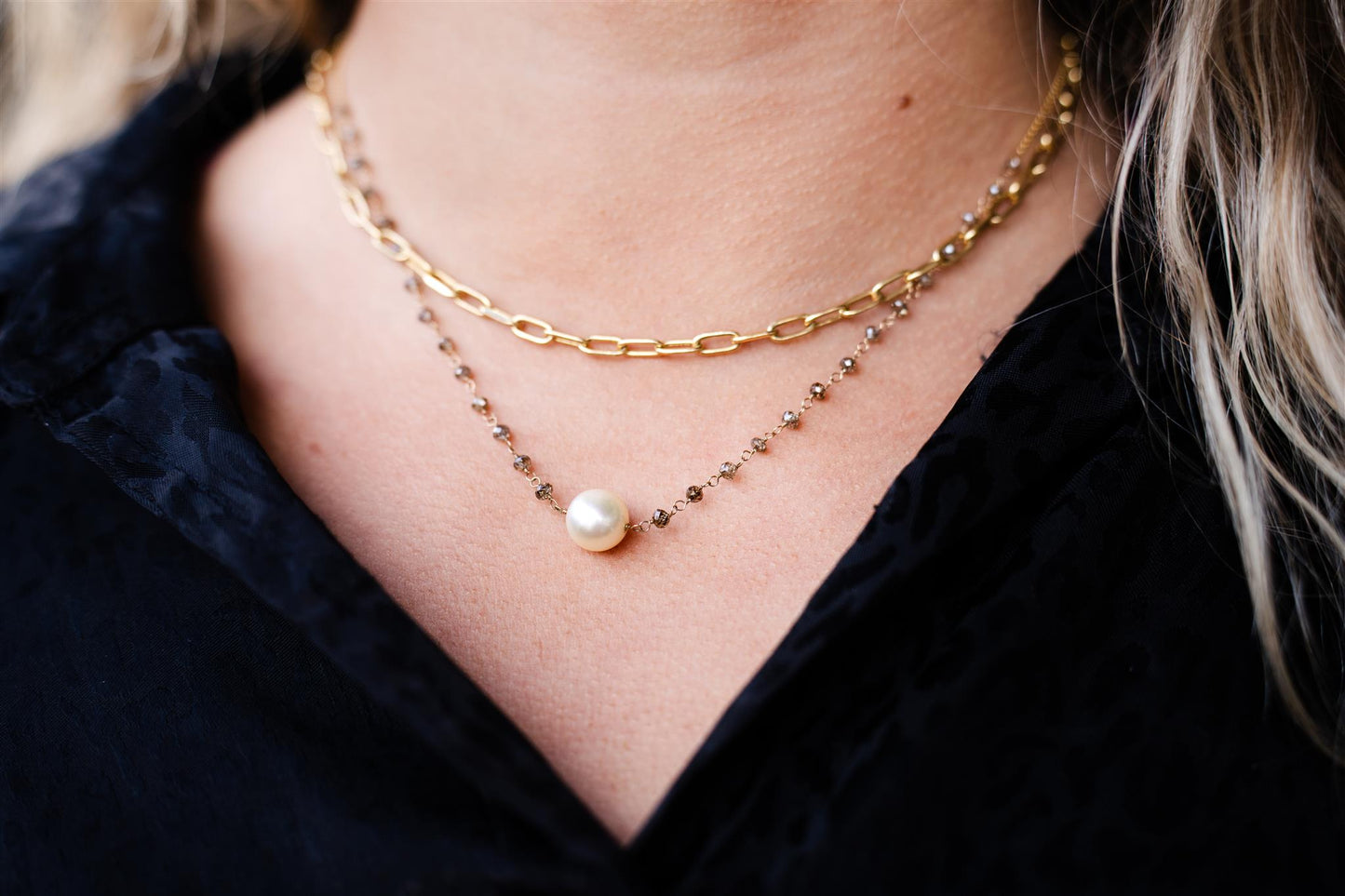 18K Rough Brown Diamonds and Pearl Necklace