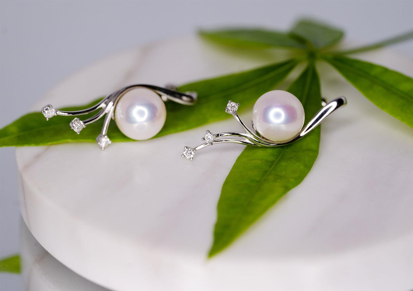 14K WG Elegant Swoop Diamond and Pearl Drop Earrings