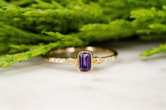 Yellow Gold Amethyst and Diamond Ring