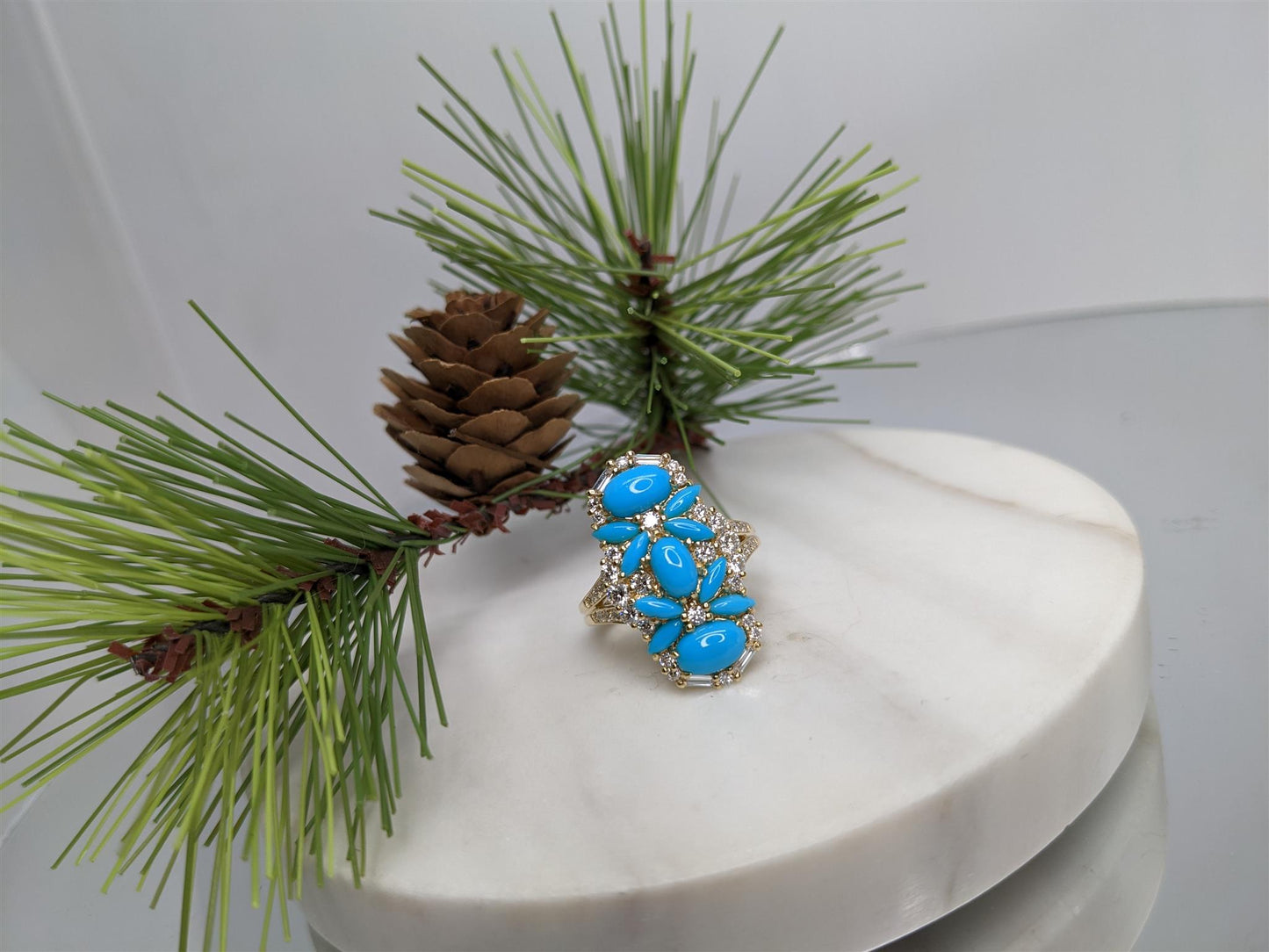 14K YG 2.14ct Turquoise and 0.74tdw Diamond Art Deco Inspired Ring