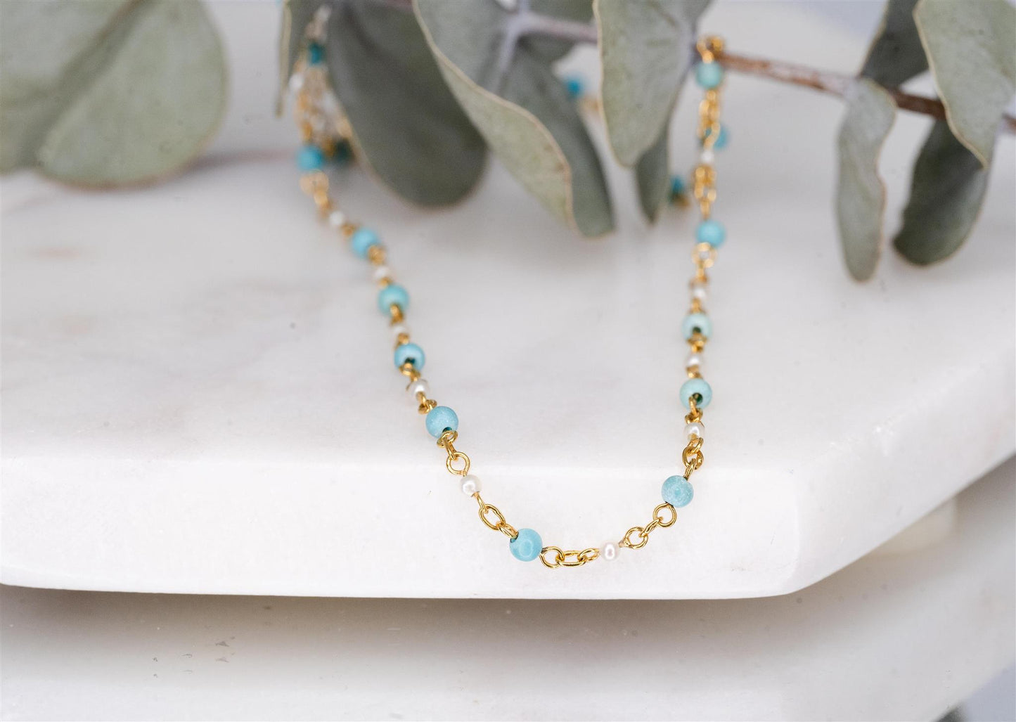 18K Yellow Gold Turquoise and Pearl Anklet