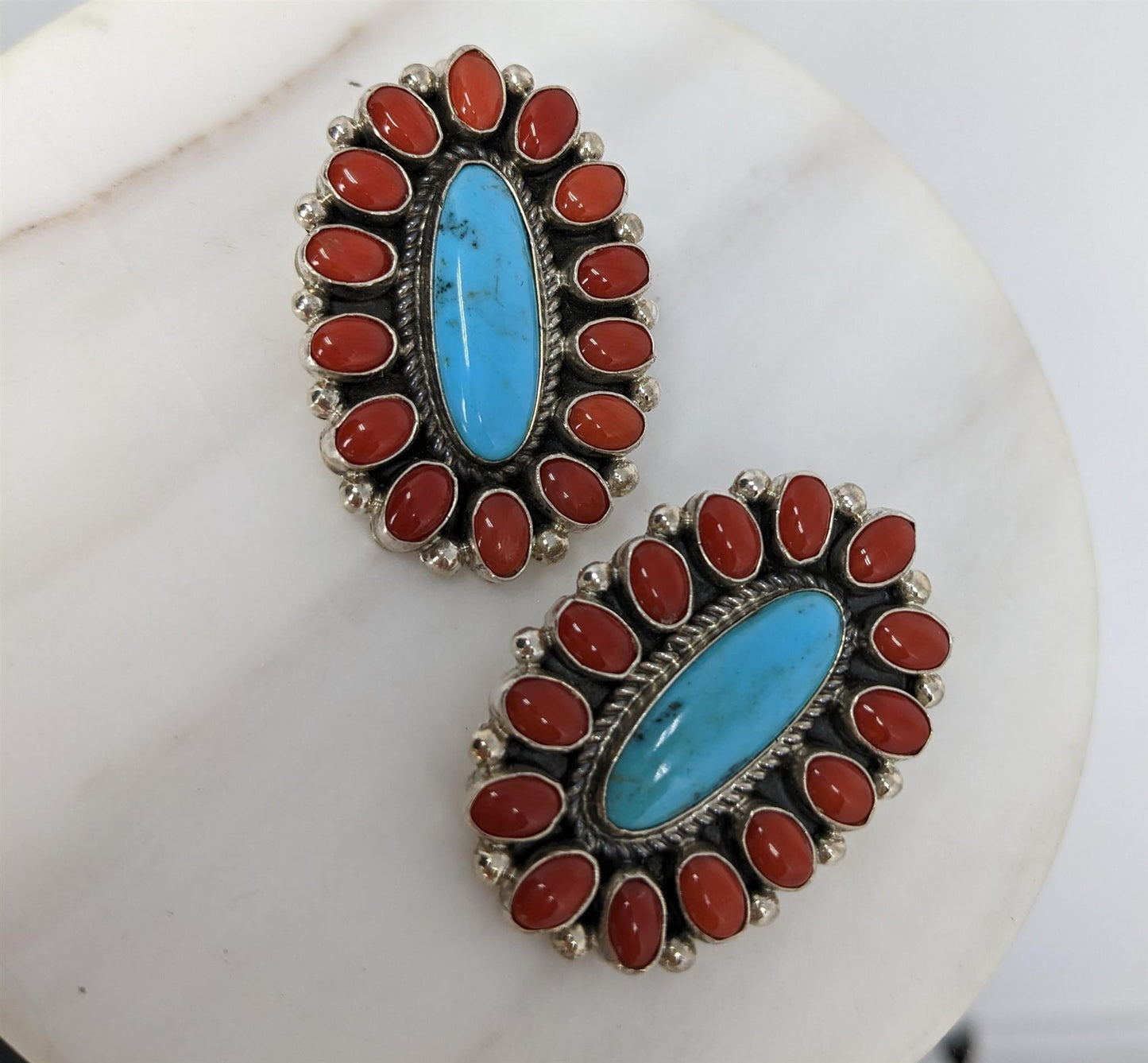 Sterling Silver, Coral and Turquiose Earrings