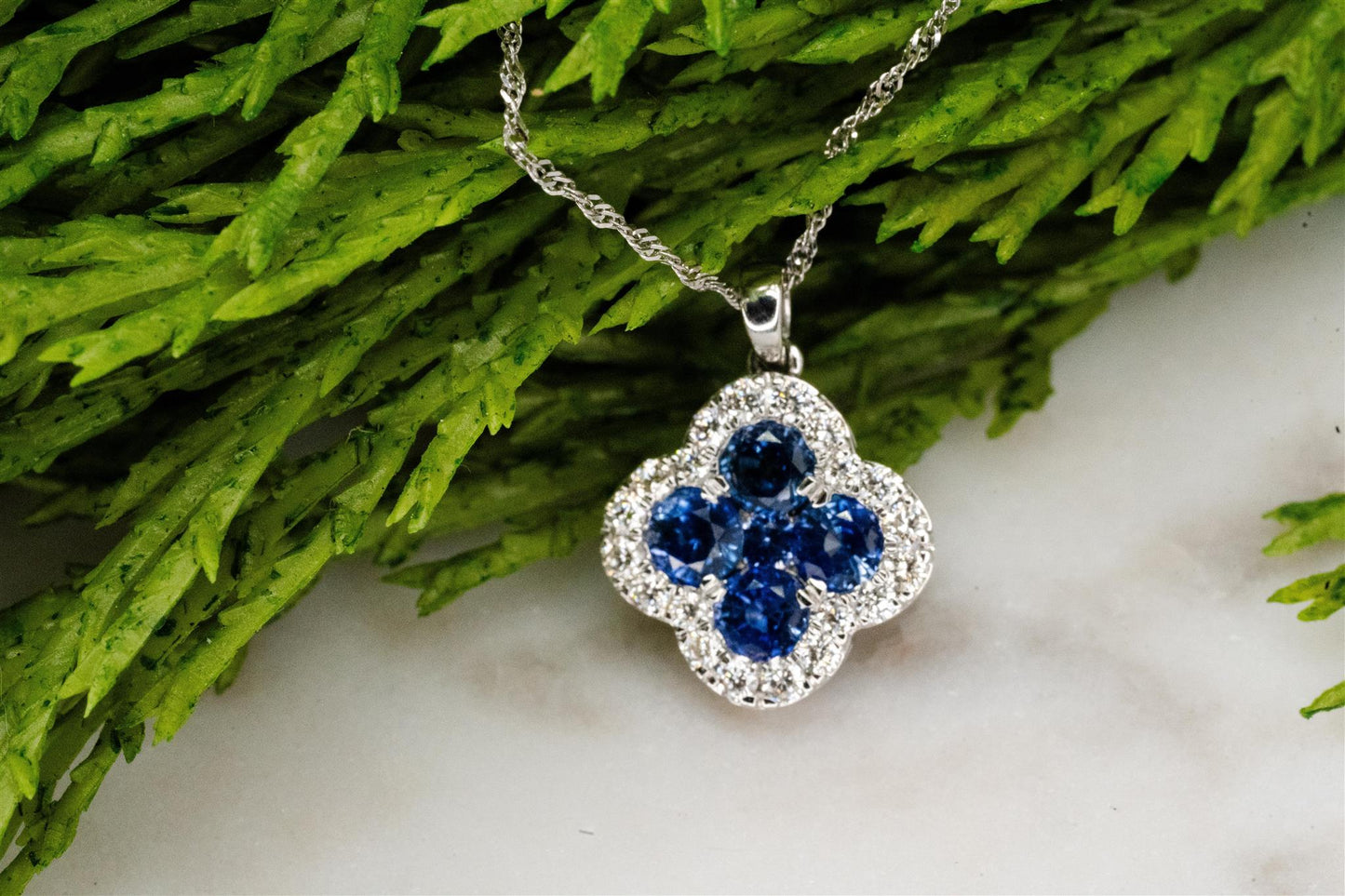 14K White Gold Blue Sapphire and Diamond Clover Necklace