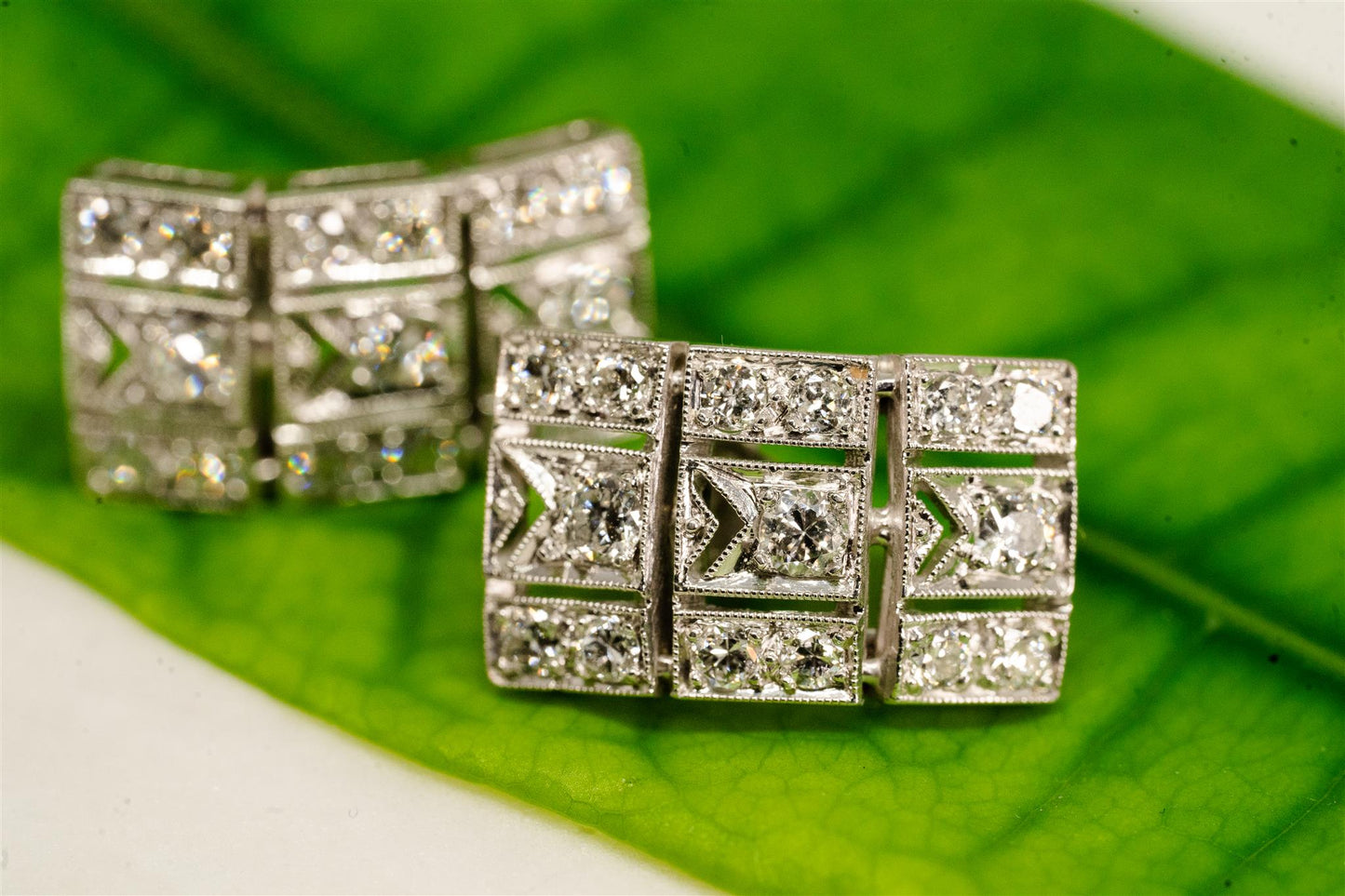 PlatinumThree Tiered Diamond Drop Stud Earrings (Art Deco Era)