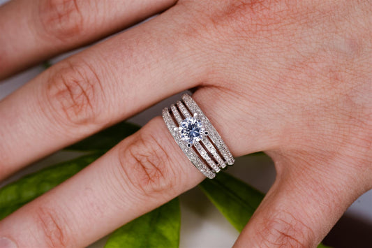 14K White Gold Quadruple Row 0.69tdw Round Diamond Engagement Ring w/ 1ct Round Tiffany Set CZ