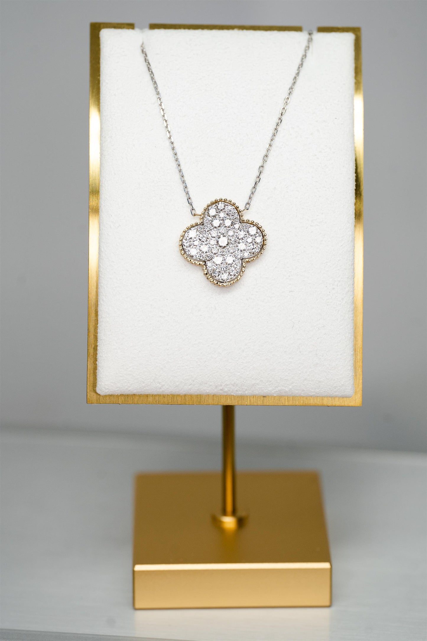 14K White and Yellow Gold 1.54tdw Diamond 4 Petal Floral Flat Pendant on an 18" Diamond Cut Cable Chain