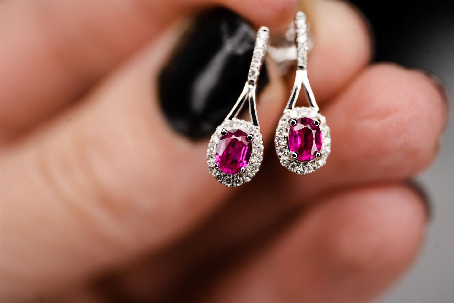 14K white gold diamond and ruby drop earrings