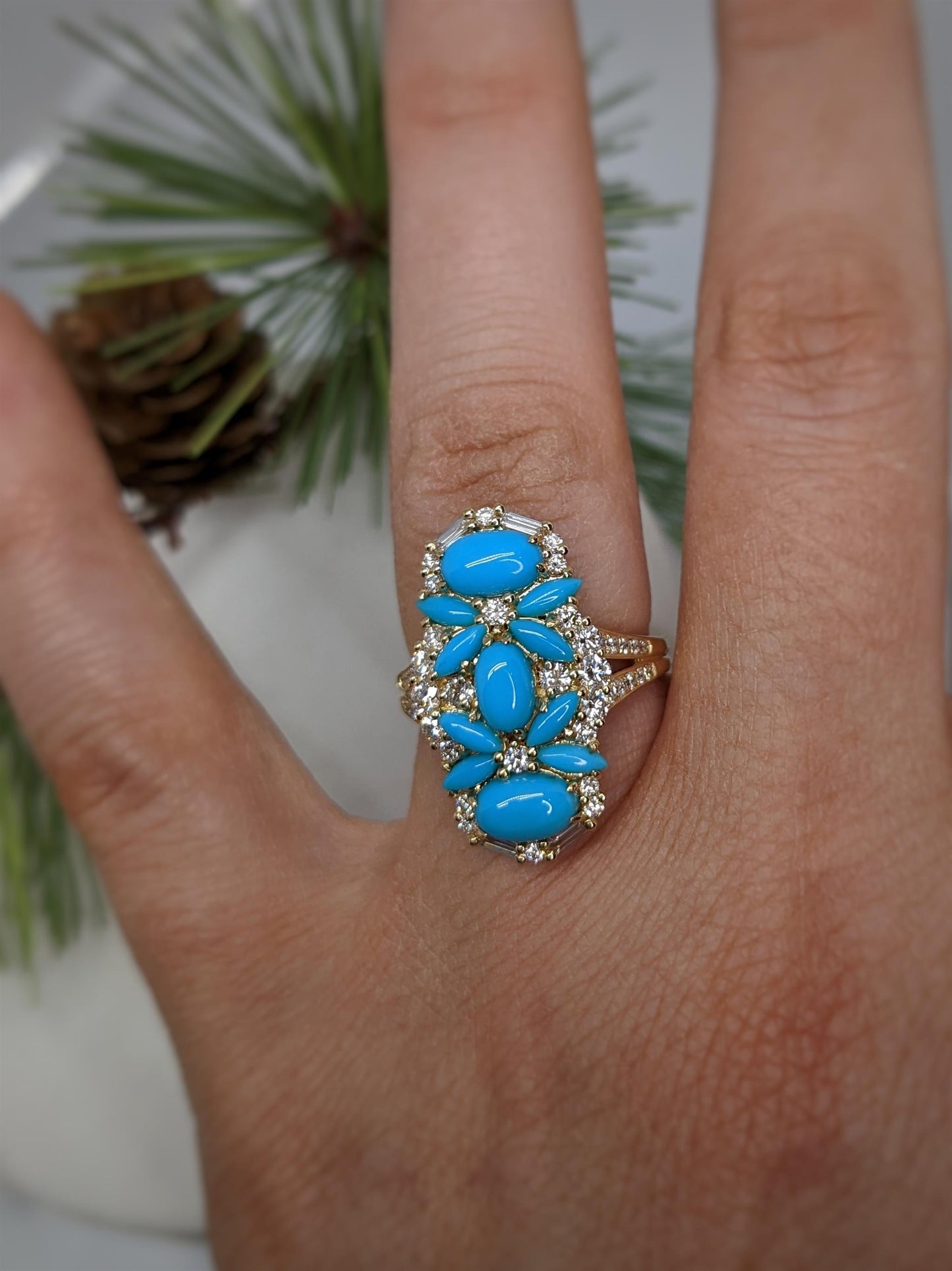 14K YG 2.14ct Turquoise and 0.74tdw Diamond Art Deco Inspired Ring