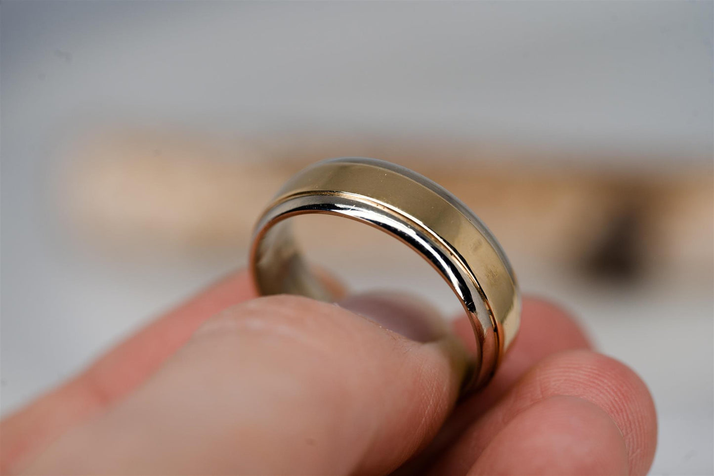 14K Yellow and White Gold Engraved Mens Ring