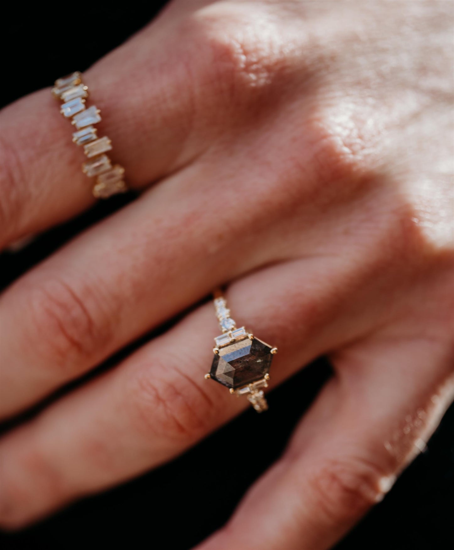 14K Yellow Gold 3.29ct Hexagon Rosecut Salt & Pepper Diamond with 1.56tdw Diamond Accent Ring