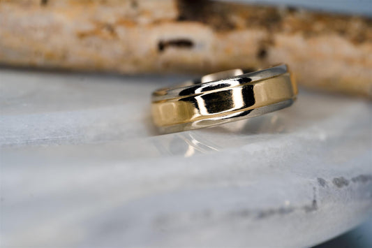 14K Yellow and White Gold Engraved Mens Ring