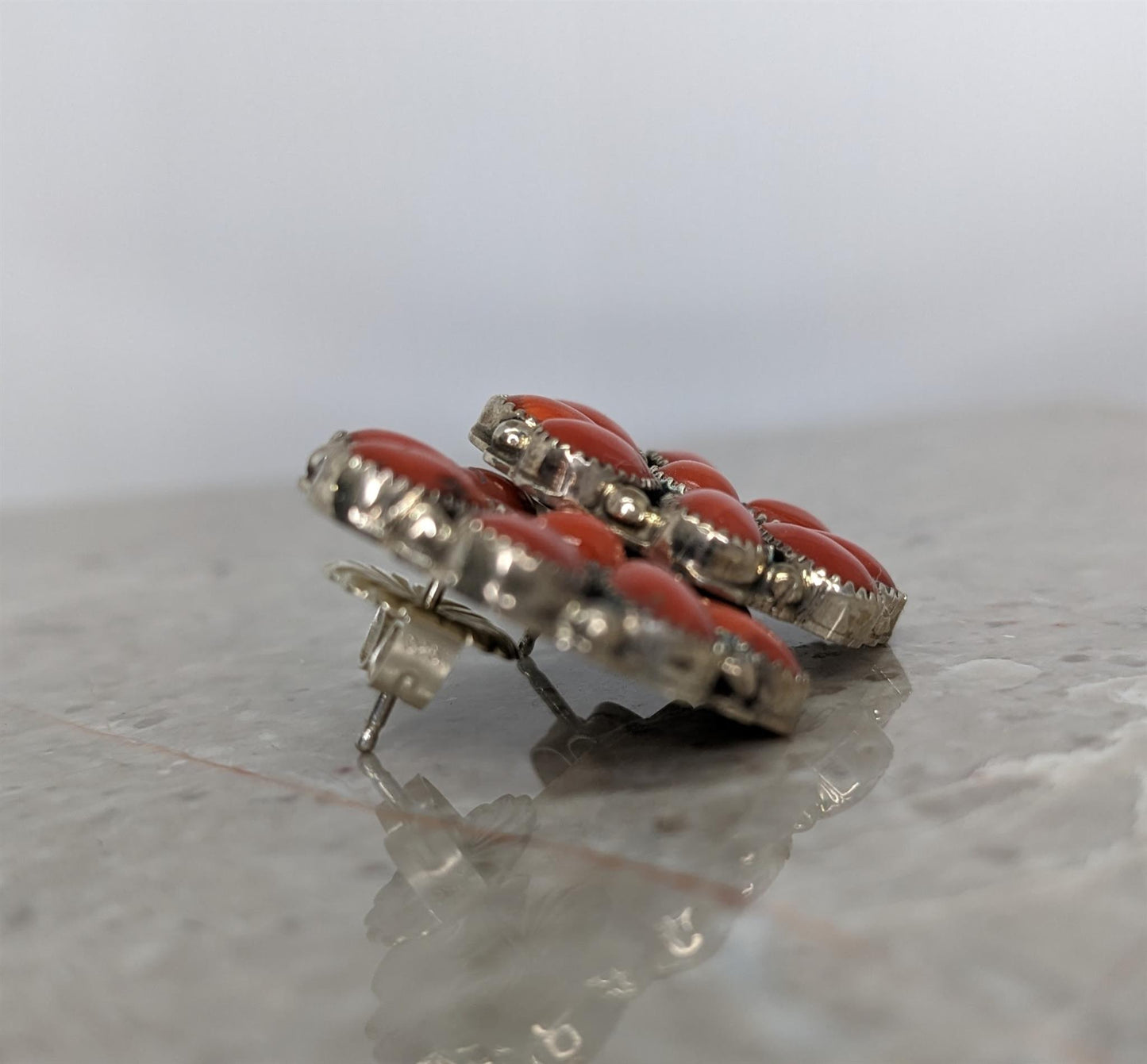 Sterling Silver and Coral Cluster Earrings