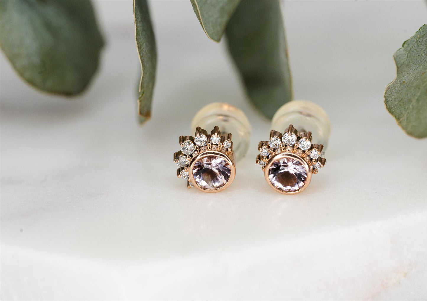 14K Rose Gold Morganite and Diamond Stud Earrings