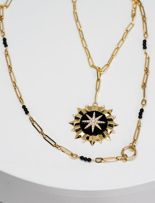 18k YG Paperclip Chain and Black Onyx Necklace