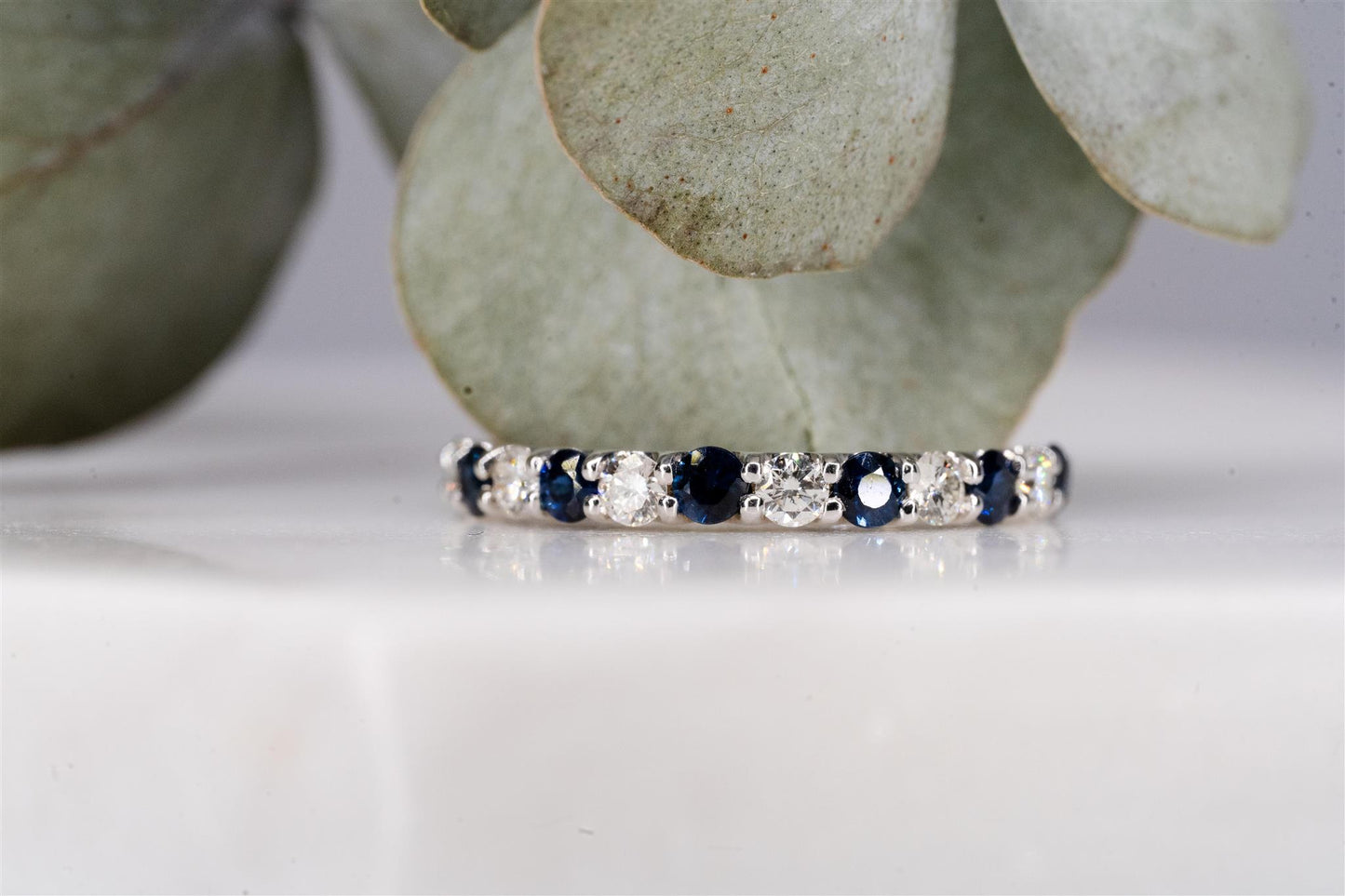 14K White Gold Diamond and Blue Sapphire Ring