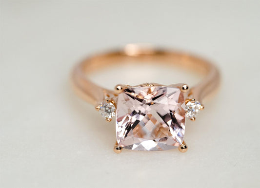 14K Rose Gold Three Stone Morganite and Diamond Ring