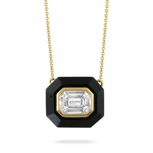 18K Yellow Gold Necklace with Invisible Diamonds and Black Onyx