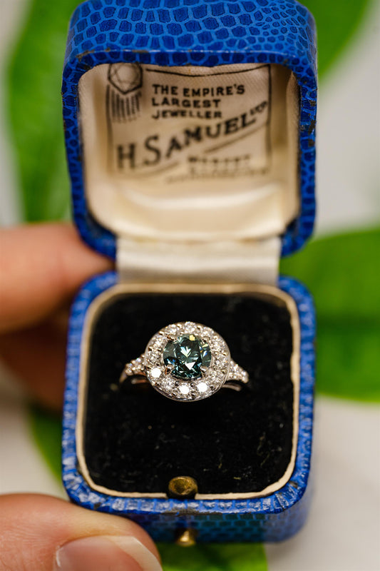 14K White Gold 1.68ct Round Brilliant Blue Diamond with 0.73tdw Diamond Halo Engagement Ring sz 7