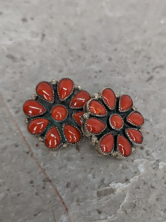 Sterling Silver and Coral Cluster Earrings