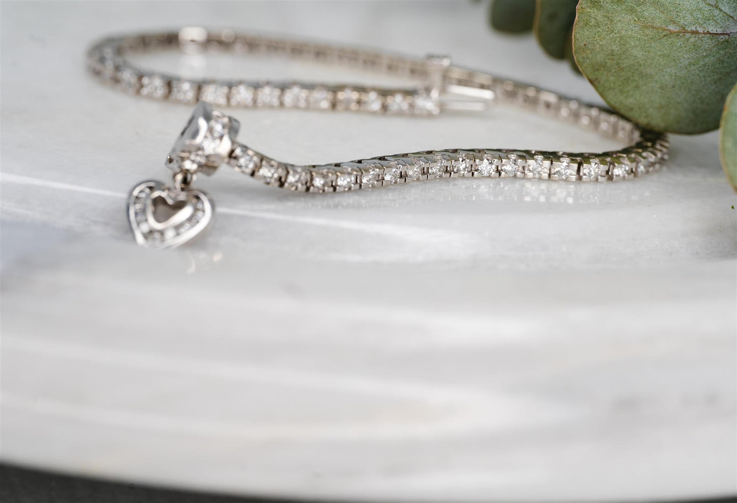 14K White Gold Heart Tennis Bracelet