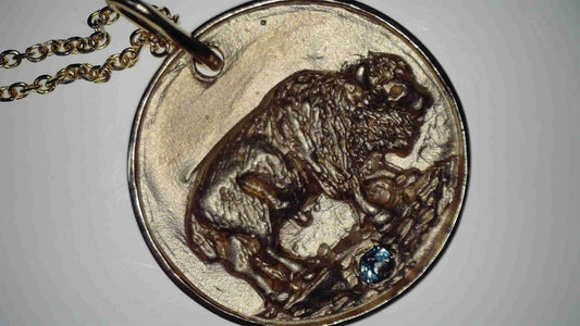 14k Yellow Gold 0.20 Montana Sapphire Accented Buffalo Engraved Pendant