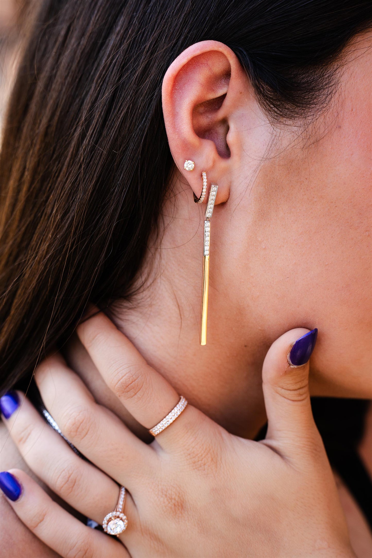 Gold and Diamond Bar Earrings