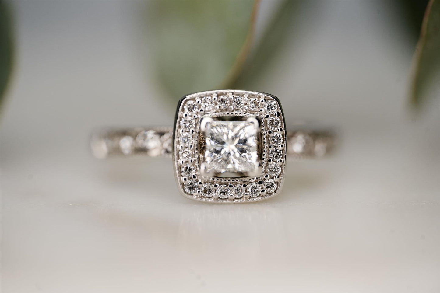 14K White Gold Square Halo Diamond I1 G Ring