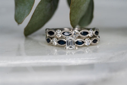 14K White Gold and Blue Sapphire Ring Set