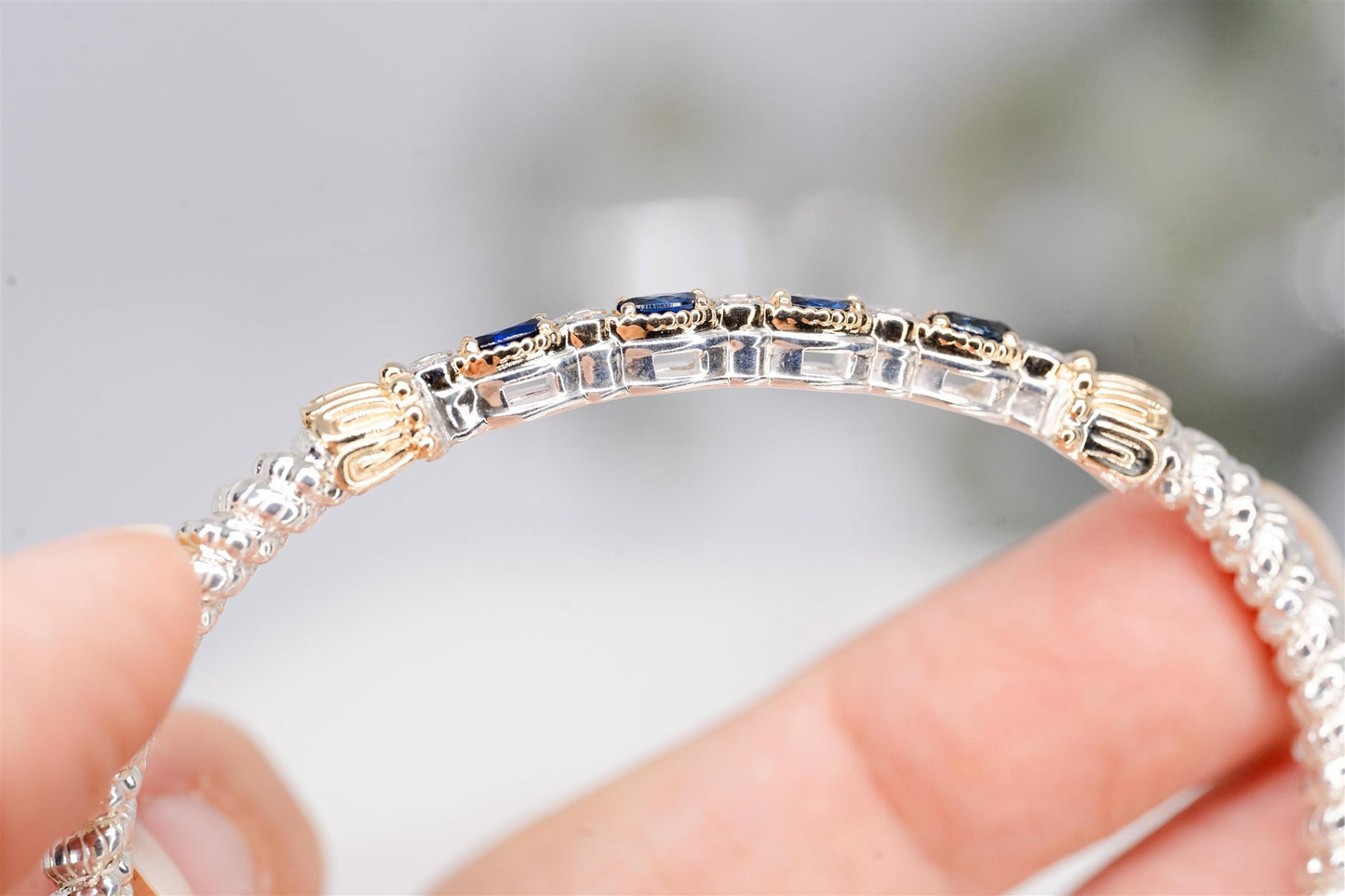 14K Yellow Gold and Sterling Silver Bracelet with Blue Sapphires and White Diamonds