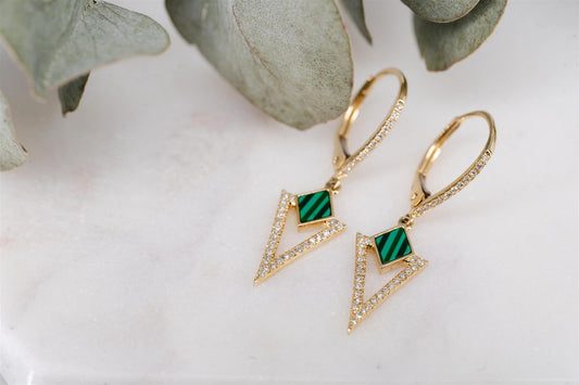 14K Yellow Gold Diamond and Green Malachite Earrings