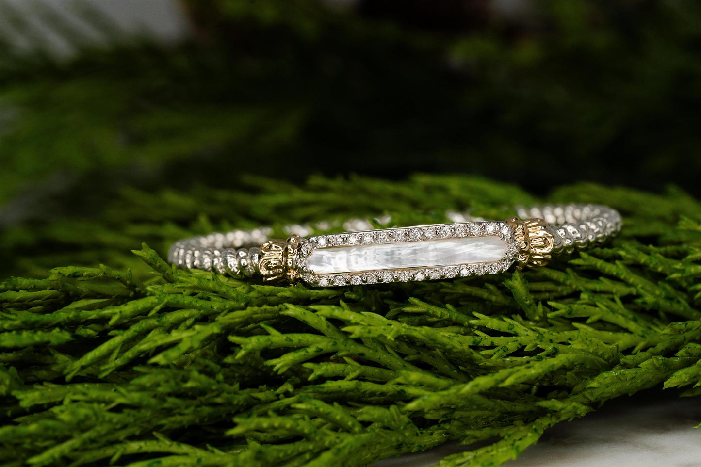 Yellow Gold and Sterling Silver Mother of Pearl and Diamond Bracelet