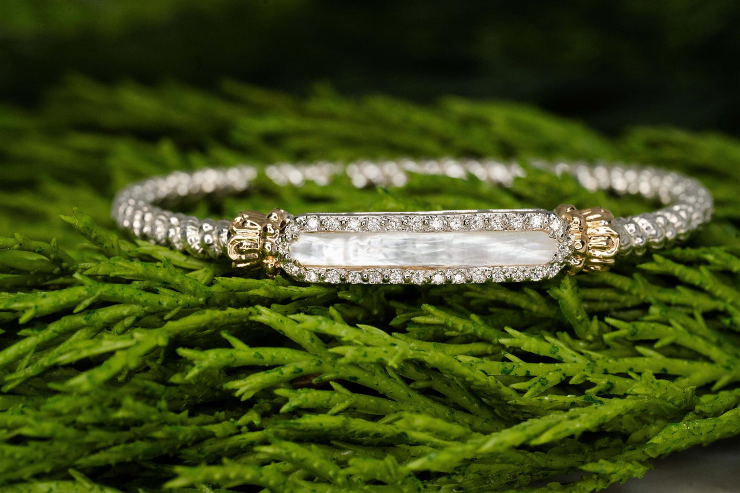 Yellow Gold and Sterling Silver Mother of Pearl and Diamond Bracelet