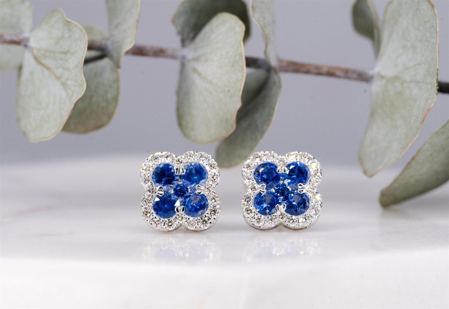 14K White Gold Diamond and Blue Sapphire Clover Stud Earrings