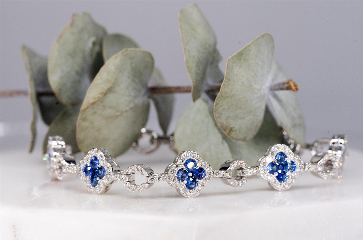 14K White Gold Diamond and Blue Sapphire Clover Bracelet