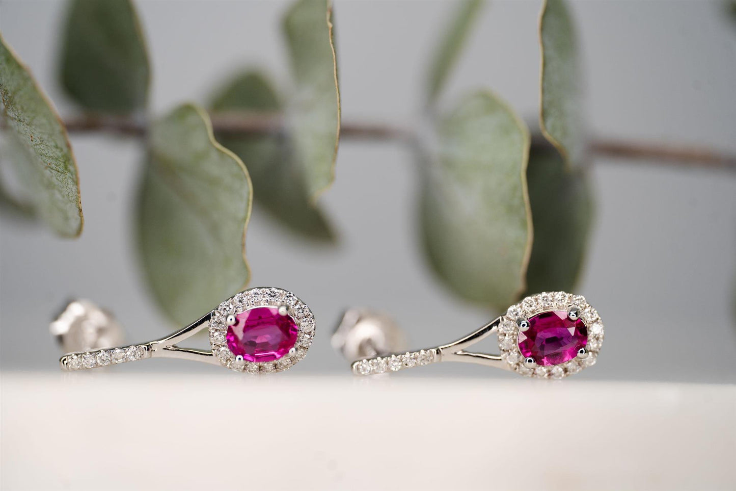 14K white gold diamond and ruby drop earrings