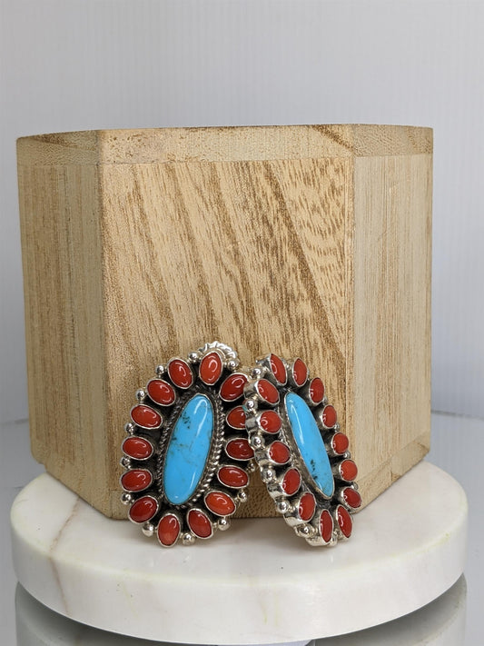 Sterling Silver, Coral and Turquiose Earrings