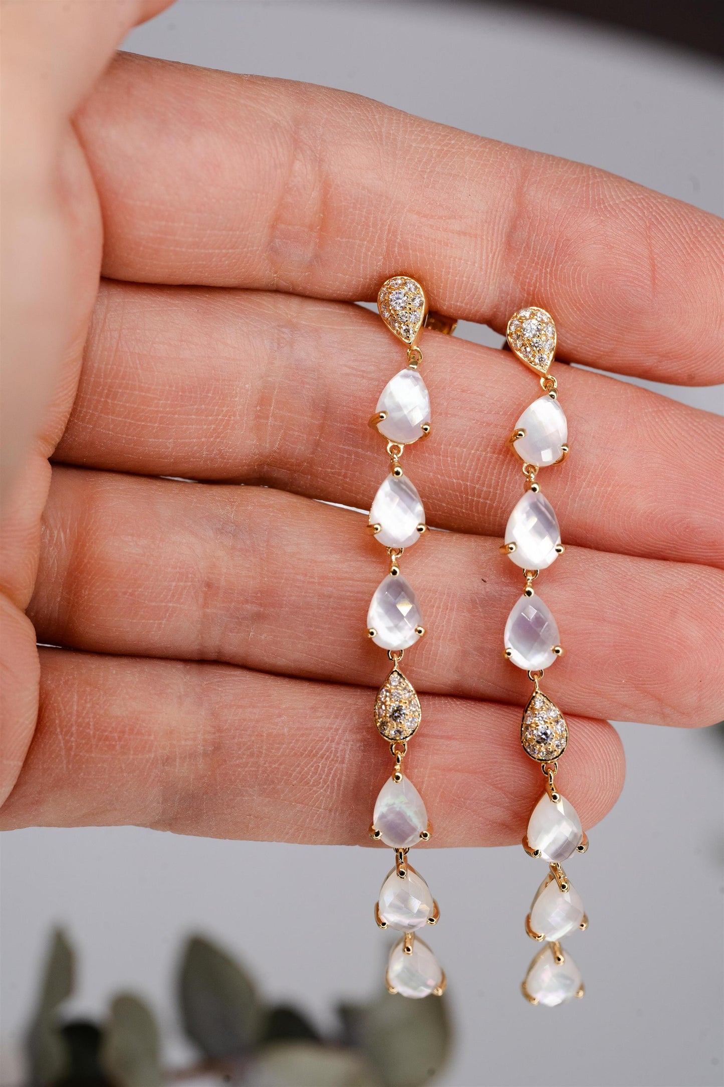 18K Yellow Gold Clear Quartz, Mother of Pearl and Diamond Dangle/Drop Earrings