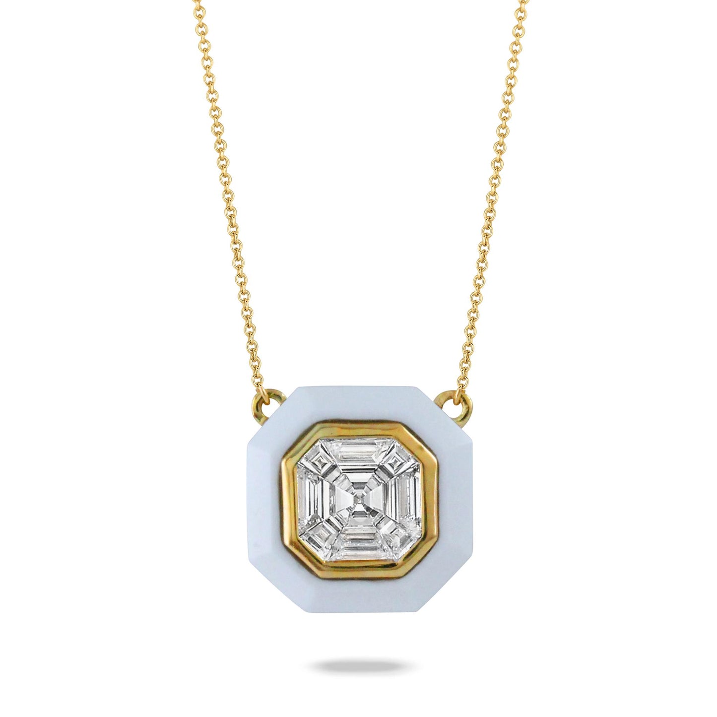 18K Yellow Gold Invisible Diamond and White Agate Necklace