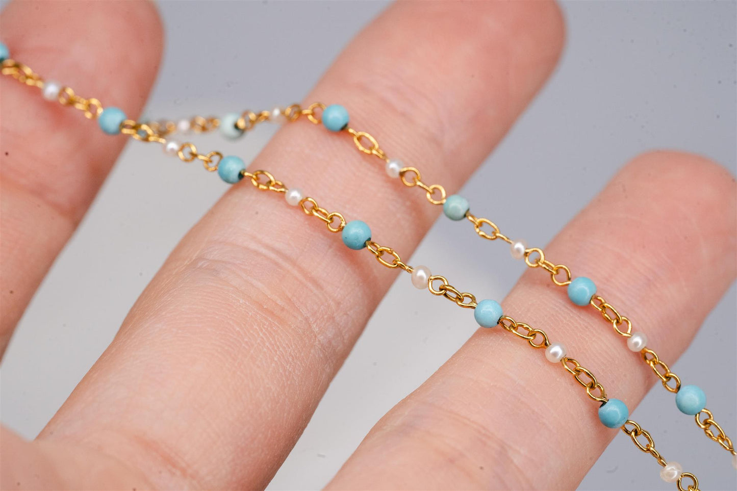 18K Yellow Gold Turquoise and Pearl Anklet