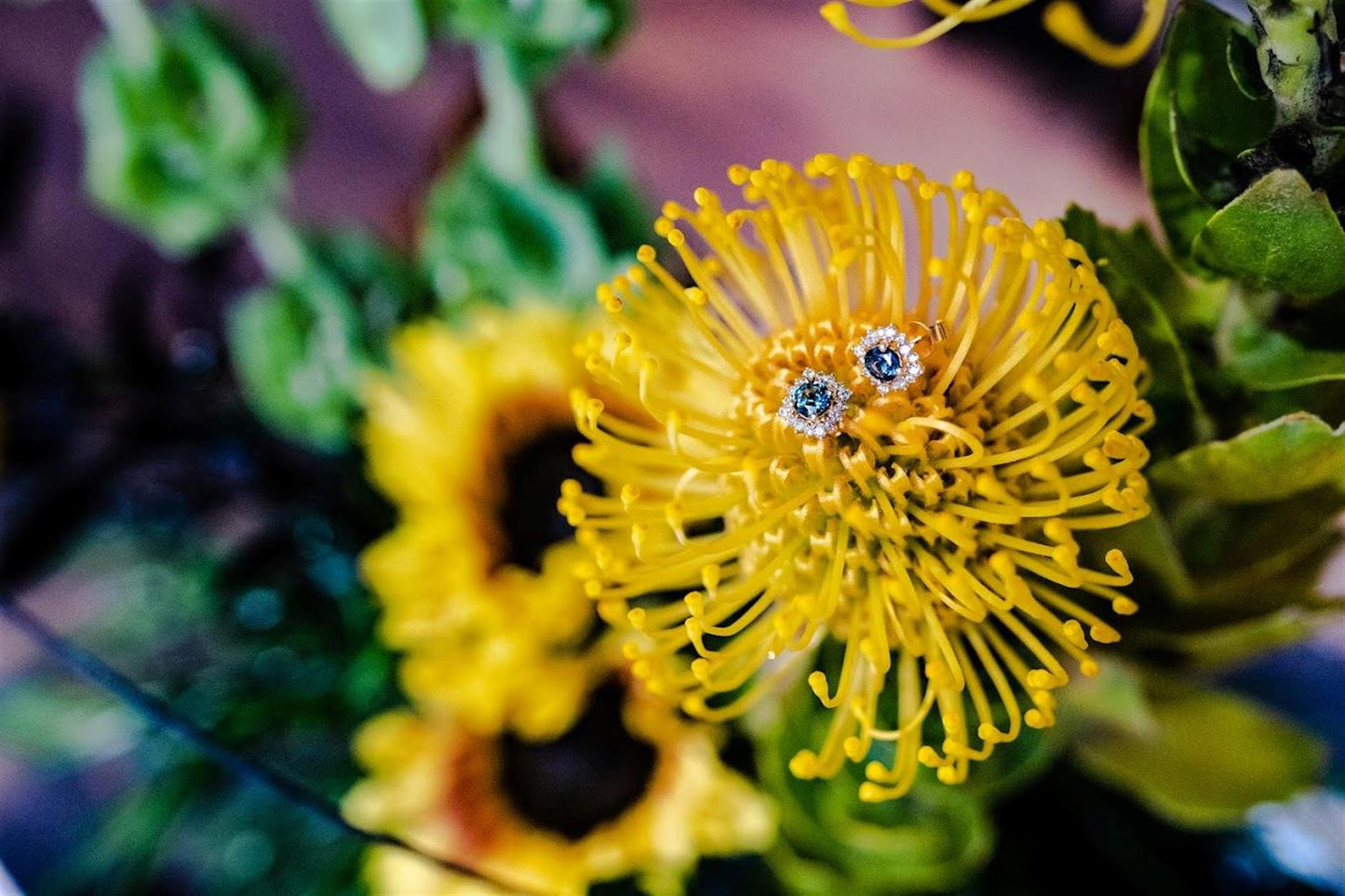 14K YG Sapphire, Diamond Halo Studs