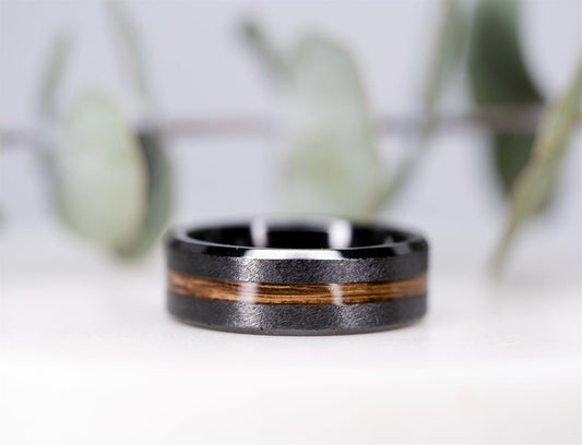 Black Ceramic and Wood Inlay Ring